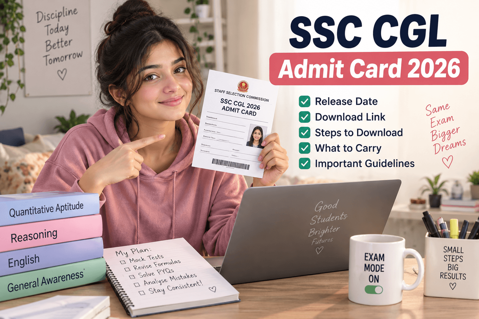 SSC CGL Admit Card 2026 — a candidate holding her SSC CGL admission certificate at her study desk, next to her exam-prep books and mock-test checklist.