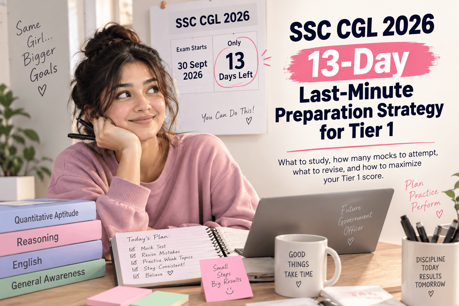 SSC CGL 2026 13-Day Last-Minute Preparation Strategy for Tier 1 — a student at her desk with a calendar counting down 13 days to the September 30 exam.